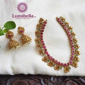 24K Gold Plated <b>Ruby</b> Jhumka <b>Necklace</b> Set-Fine Bridal Jewelry for Daily Wear - Product Image 1
