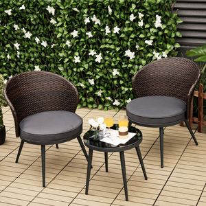 Conjunto de Bistro de Ratán para Patio de 3 Piezas con 2 Cojines y Mesa con Superficie de Vidrio Templado, Muebles de Jardín - Product Image 6