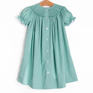 Vestido de Algodón Ligero con Estampado a Cuadros Verdes para Niñas Pequeñas, Corte en A, Manga Corta, Cuello Peter Pan, Botones al Frente, Estilo Boutique para Fiestas - Product Image 3
