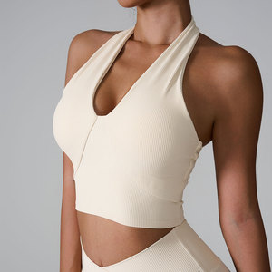 Soutien-gorge de sport léger pour femme, style européen et américain, col halter, gilet de yoga, absorption des chocs avant, côtelé, ajusté, maintien moyen - Product Image 3