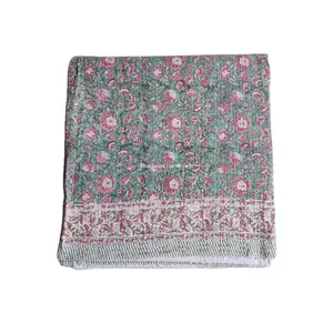 Green Colour Beautiful Handmade Cotton Kantha Quilt Home Decorative Wholesale Bedspread Indian Floral Hand Block Print Gudari