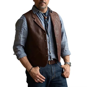Gilet en cuir véritable pour homme, marron personnalisé, le plus vendu, en cuir de vachette véritable, col à revers, style western, sans manches, vêtement d'extérieur - Product Image 5