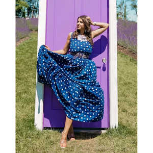 Robe en mousseline de soie à pois bleus Yale, coupe trapèze, taille empire, tissu respirant, taille XS - Product Image 4