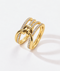 Bague en or rose 14K avec nœud, pavée de diamants de laboratoire, bande enveloppante, bague de luxe avec pierre d'accentuation, design ouvert, bijou de déclaration pour mariage - Product Image 3