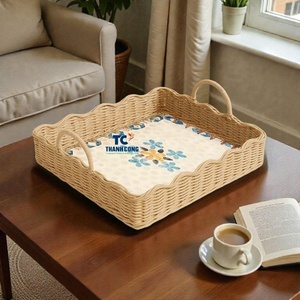 Plateau en rotin à coquille de nacre festonnée, fait main, élégant, pour cadeaux et style de vie, plateau incrusté de perles - Product Image 1
