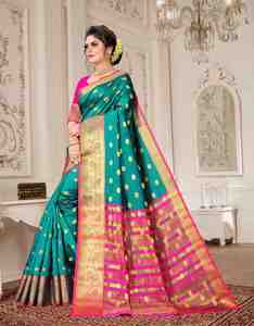 Pink And <b>Green</b> <b>Silk</b> Saree With Gold Embroidered Border Saree Traditional Indian Pakistani Wedding Wear For Women - Product Image 5