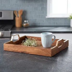 Wooden Snack Serving <b>Tray</b> with Golden Finish Handle | Brown Wood Multipurpose Serving Platter | Modern Tea <b>Breakfast</b> <b>Tray</b> - Product Image 6