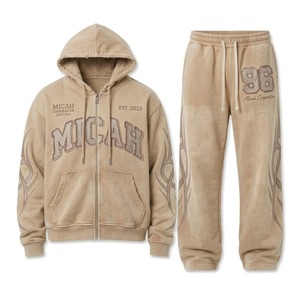 Conjunto de 2 piezas unisex: Sudadera con capucha y pantalones de chándal, con letras desgastadas bordadas, pedrería, efecto llama, forro polar y lavado ácido con diseño de dibujos animados. - Product Image 2