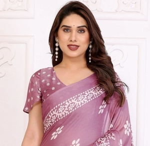 KV <b>Printed</b>, <b>Blocked</b> <b>Printed</b> Hand Batik Chiffon Georgette Saree - Product Image 1