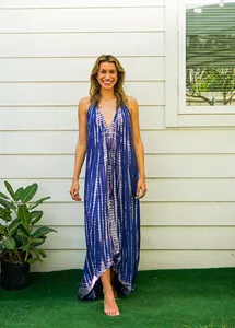 Robe longue décontractée pour femme, style bohème, bleu marine, en rayonne, tie-dye, col en V, fluide, sans manches, pour les vacances - Product Image 3