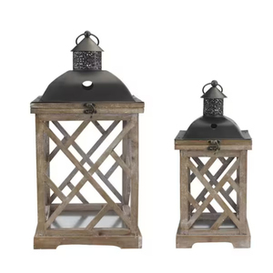 Juego de Faroles Decorativos de Alta Calidad en Madera Natural y Metal, Estilo Rústico, para Interiores y Exteriores, Decoración del Hogar, Bodas - Product Image 1