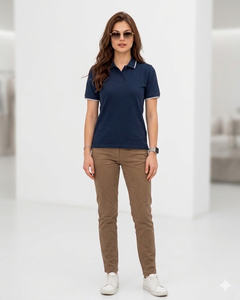 <b>Women's</b> Navy Blue Solid Knitted Short Sleeve T-<b>Shirt</b> 220 GSM Pique Premium Cotton Stretch Front Logo Primora Global Apparel Bulk - Product Image 3