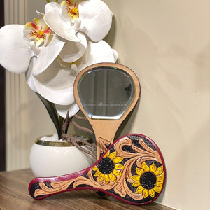 New Vintage Handmade Real Genuine <b>Tooled</b> <b>Leather</b> Handheld Makeup Mirror Custom Sunflower Design Compact Vanity Daily Use Mirror - Product Image 3