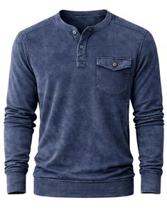 Sudadera Henley de Manga Larga para Hombre, Lavado Ácido, Azul Marino, Estilo Casual con Botones y Bolsillos, Prenda de Invierno, Algodón, Corte Ajustado - Product Image 1
