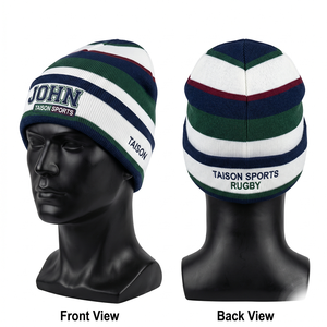 Premium 320 GSM Acrylic Knit Rugby <b>Beanie</b> Red Navy Striped Cuffed Design Custom Embroidery Logo Name - Product Image 3