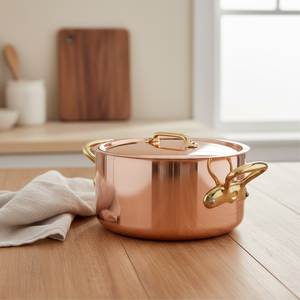 Casserole de cuisine traditionnelle en cuivre avec couvercle et poignées en laiton, fait main, pour la cuisson et le service des aliments - Product Image 3
