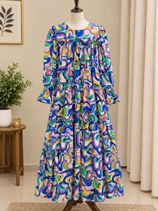 Floral Cotton Wrinkle-Free Floor-Length Maxi Dress Ruffle Tiered Casual <b>Kurti</b> <b>Women</b> Summer Ethnic Style-Georgette Chiffon Stuff - Product Image 2