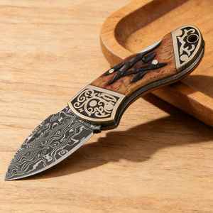 Premium Custom Handmade Dewdrop Folding Knife Stag Damascus <b>Steel</b> Folding Knife Engraved Handle Hunting Camping OEM Knife - Product Image 6