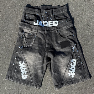 Shorts de mezclilla desgastados de cintura alta para hombre, con cremalleras y cadena, estilo punk, tipo bermuda. - Product Image 1