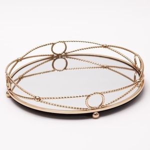 Round <b>Mirrored</b> Storage Tray with Gold Plated Bow Design Modern Luxury Decorative Organizer <b>Vanity</b> <b>Table</b> Centerpiece Home Decor - Product Image 2
