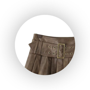 Jupe courte plissée en cuir PU marron pour femme, taille normale, couleur unie, à porter toute l'année - Product Image 2