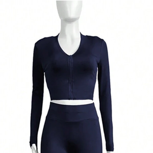 <b>Women's</b> Navy Blue Long Sleeve V-Neck Crop Top High Waist Skinny Leggings Set Tummy Control Shapewear <b>Sexy</b> Clubwear By Twin City - Product Image 6