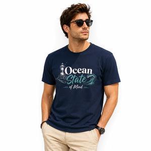 โอเชียนสเตทมายด์เสื้อยืดแขนสั้นผู้ชายสีน้ำเงินกรมท่า คอกลม ทรงปกติ พิมพ์ลายการ์ตูนด้านหน้า ลำลอง ผ้าฝ้ายเทอร์รี่ 100% - Product Image 2