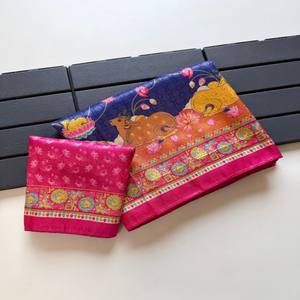 Sari en soie douce VASTRA COTTAGE, jacquard Jari, imprimé numérique Kalamkari, avec blouse à passepoil Doori - Product Image 1