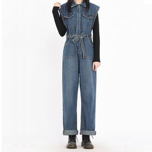 Combinaison en jean sans manches pour femme, col rabattu, taille haute, ceinture, coupe ample, décontractée, effet délavé - Product Image 4