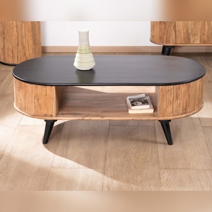 Vandana Silver Style rounded <b>coffee</b> <b>table</b> in natural and <b>black</b> acacia wood - Product Image 2