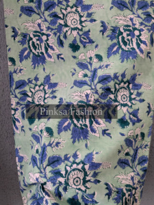 Block printed cotton Mint <b>Green</b> base with Indigo Blue and White floral accents. - Product Image 4