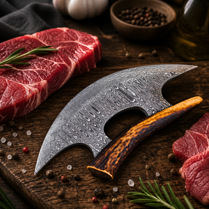 Custom Handmade Forged Ullu <b>Knife</b> Damascus Steel Horn Handle Leather Sheath Eco-Friendly Ambidextrous Modern Dishwasher <b>Safe</b> - Product Image 1