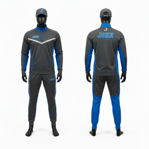 Traje de entrenamiento de fútbol americano para hombre, premium, 220 GSM, poliéster y spandex, gris y azul con paneles en contraste, logotipo con transferencia térmica. - Product Image 1