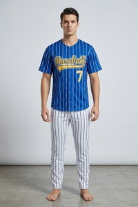 Conjunto de Uniforme de Béisbol con Letras 3D a Rayas, Jersey con Cuello en V y Botones Delanteros, Pantalones Deportivos para Equipo, 100% Poliéster, Impresión Digital Personalizada - Product Image 6