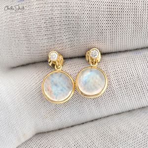 Pendientes Colgantes de Piedra Lunar Arcoíris de 8MM con Diamantes Incrustados en Bisel, Oro Amarillo Sólido de 14K, Pendientes Clásicos con Gemas para Fiesta - Product Image 3