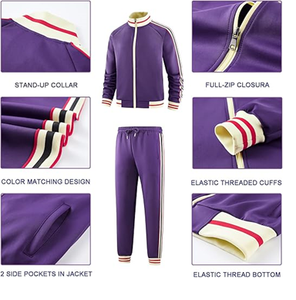 Unisex <b>Purple</b> Tracksuit Set Full-Zip Turn-Down Collar Striped Sporty Jogging <b>Suit</b> with Side Pockets Autumn Wear Regular Fit - Product Image 3