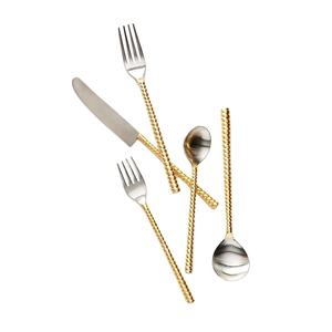 Ensemble d'argenterie moderne et élégant de 5 pièces en acier inoxydable avec poignées torsadées en or brillant pour une cuisine raffinée et des réceptions - Product Image 1