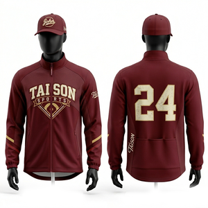 Veste d'entraînement de baseball pour femmes, 280 GSM, en polycoton interlock, bleu ciel, blanc, bordeaux, avec empiècements côtelés, broderie et logo par sublimation - Product Image 3