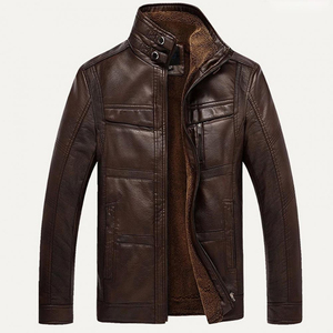 Brown Eco-Friendly Men's Genuine <b>Leather</b> Bomber <b>Jacket</b> Regular Sleeve Stand Collar Zipper Closure Polyester Fiber Lining <b>Winter</b> - Product Image 3
