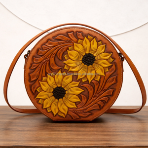Trending Western Handmade Genuine Leather Sunflower Crossbody Bag Hand-Carved Floral Tooled Canteen Purse for Women Custom OEM - Product Image 2