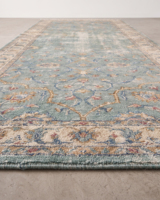 Aqua Blue Wool Oushak Runner Rug Ivory Floral Vine Pattern Carpet Distressed Modern Border Hand Tufted Non-Slip Eco-Friendly
