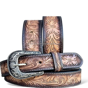 Tan Genuine Western Leather <b>Tooling</b> <b>Belt</b> for Men and Women Floral Embossed <b>Tooled</b> Leather <b>Belt</b> for Unisex - Product Image 4