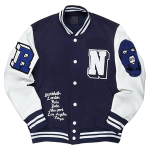 Navy Blue Varsity <b>Jacket</b> Men <b>White</b> Sleeve Letter Embroidery Bomber <b>Jacket</b> Streetwear Casual Slim Fit Baseball Coat - Product Image 1