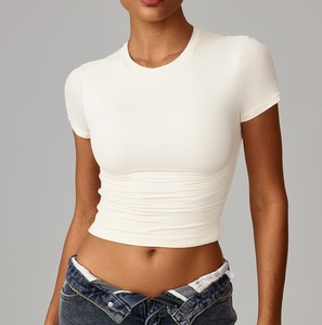 OEM Customized Logo Embroidery <b>Crop</b> <b>Top</b> Short Sleeve Slim Fit Casual GYM Navel Exposure Spring Polyester Fashion Women T Shirt - Product Image 2
