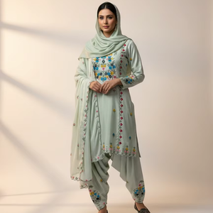 Nouvelle Collection 2026 : Salwar Kameez en Soie Vert Sauge pour Femme, Ensemble Patiala Brodé avec Dupatta – Tenue Ethnique Modeste pour Femme Musulmane - Product Image 1
