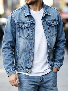 Veste en jean classique pour homme, bleu délavé vintage, veste en jean décontractée, veste en jean en coton de haute qualité pour homme, streetwear, vêtements d'extérieur - Product Image 3
