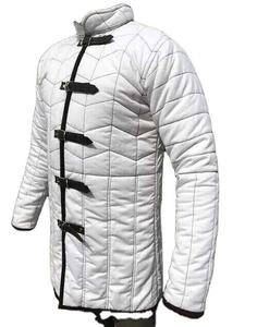 Handmade High Quality Medieval <b>White</b> Denim Windproof Quick Dry Full Sleeve Cotton Leather Straps Padded Jacket for Halloween - Product Image 4