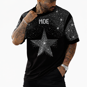 Camisetas Personalizadas para Hombre con Gráfico de Estrella con Pedrería Negra en Toda la Superficie, Ropa Urbana de Lujo, Camiseta de Algodón, Marca de Moda con Etiqueta Privada Personalizada, EE. UU. - Product Image 4