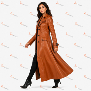 Elegante Abrigo Largo de Mujer en Cuero Sintético con Cuello de Solapa y Cierre de Botones, Ropa Exterior Cortavientos para Otoño - Product Image 4
