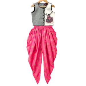 Girls Sleeveless <b>Top</b> with Dhoti Grey & Coral Placement Embroidered Cotton <b>Indian</b> & Pakistani Clothing - Product Image 1